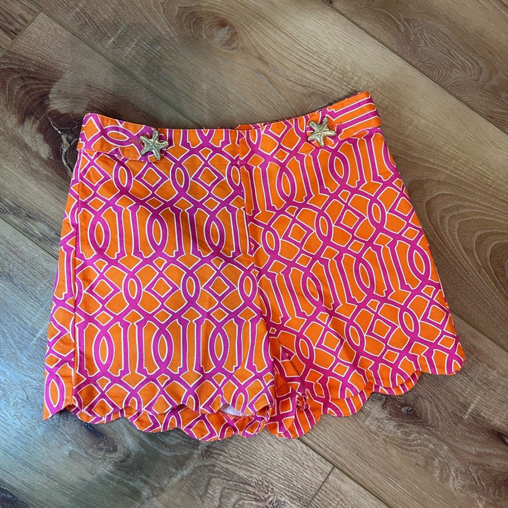Mudpie Vibrant Orange and Pink Geometric scalloped hem Shorts